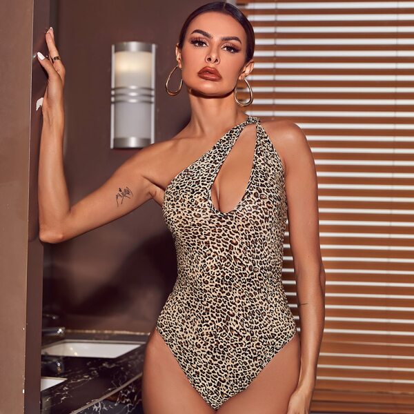 

One Shoulder Cut Out Leopard Bodysuit, Multicolor