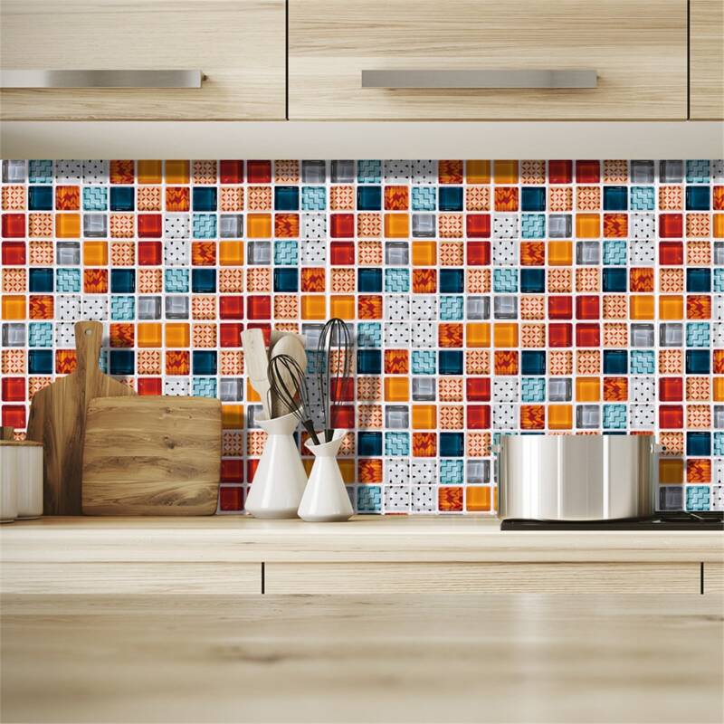 

19sheets Geometric Pattern Ceramic Tile Sticker, Multicolor