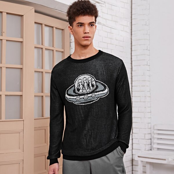 

Men Round Neck Aliens Sweater, Black