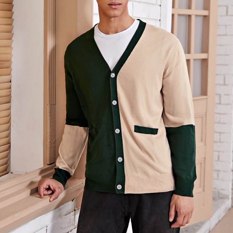 

Men Button Front Color Block Cardigan, Multicolor
