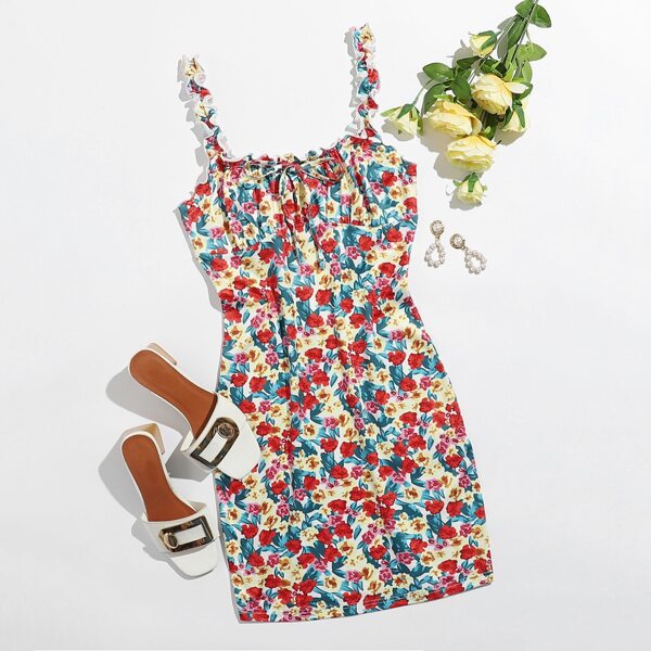 

Tie Front Frill Trim Floral Print Dress, Multicolor