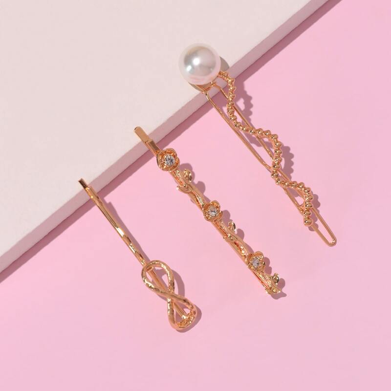 

3pcs Faux Pearl & Flower Decor Bobby Pin, Gold