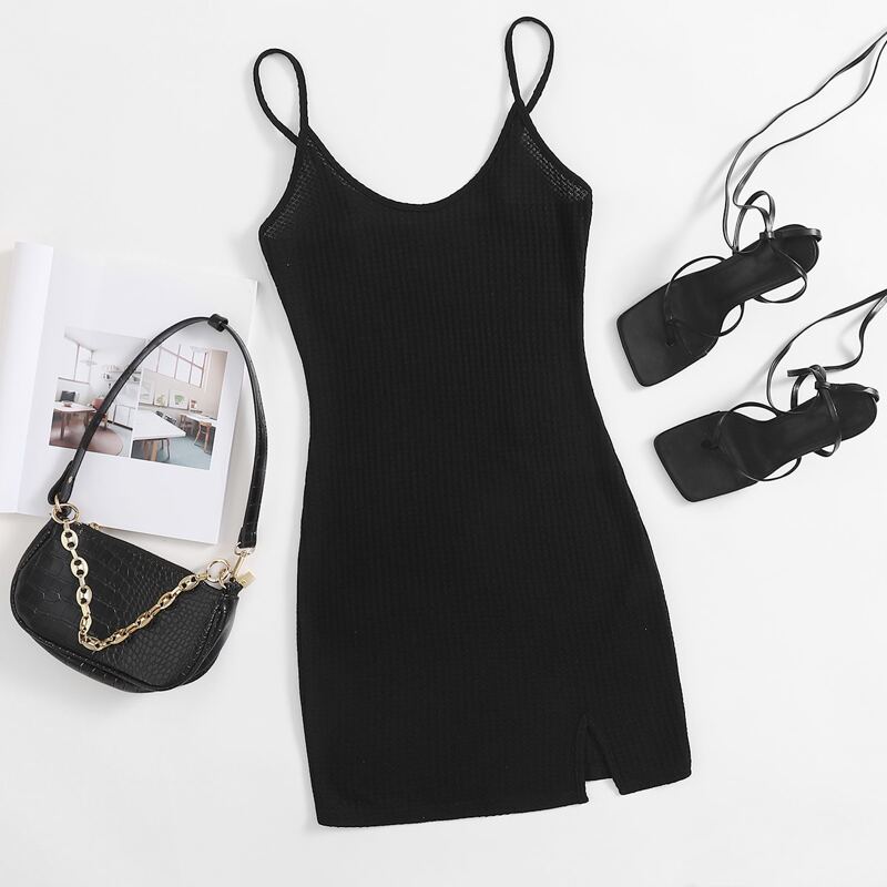 

Split Hem Solid Bodycon Dress, Black