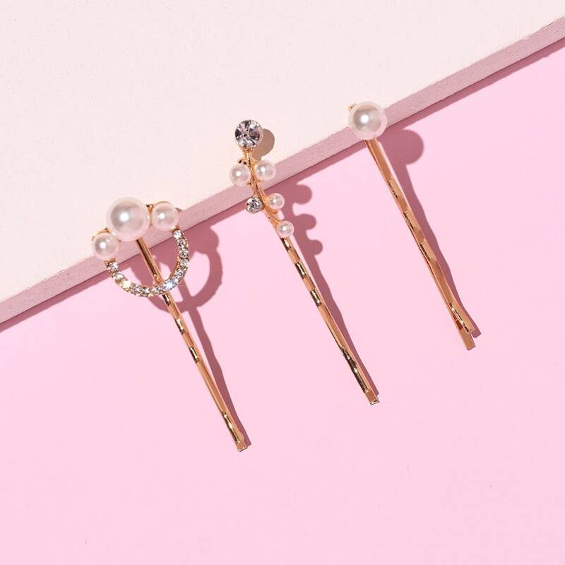 

3pcs Faux Pearl & Rhinestone Decor Bobby Pin, Gold