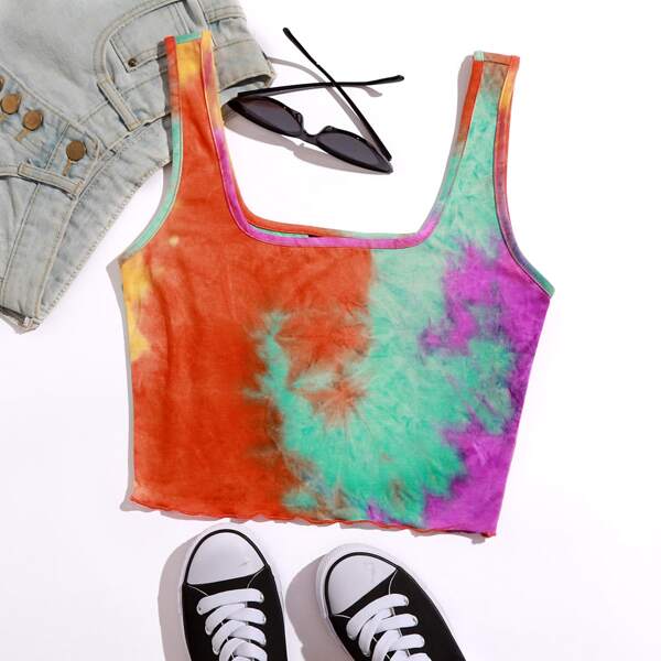 

Tie Dye Lettuce Edge Tank Top, Multicolor