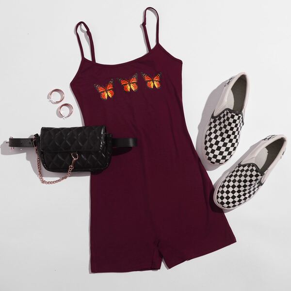 

Butterfly Print Romper, Burgundy