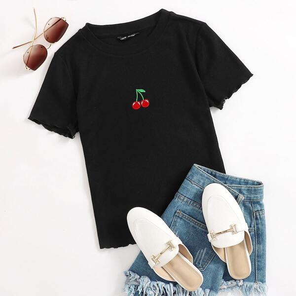 

Lettuce Trim Cherry Embroidered Rib-knit Tee, Black