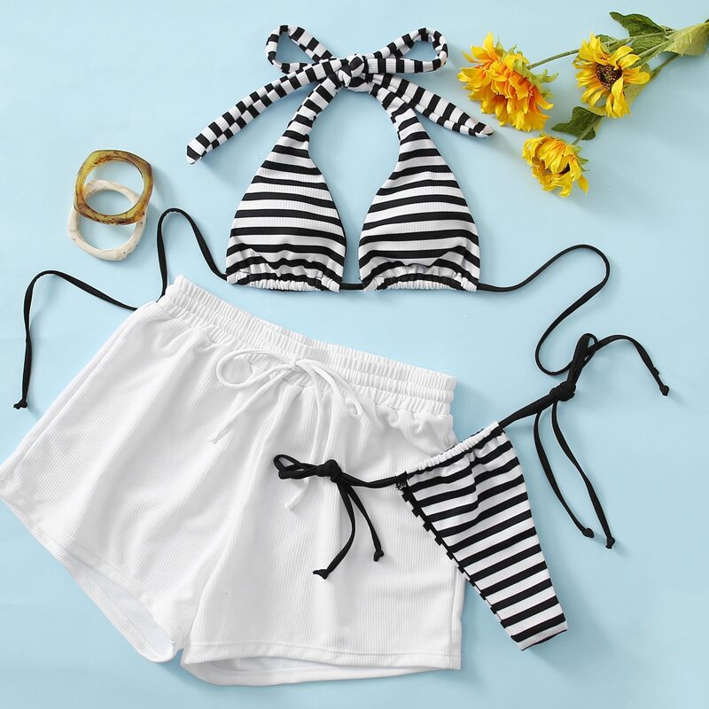 

3pack Stripe Halter Thong Bikini Swimsuit With Shorts, Black and white