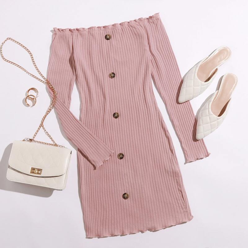 

Off Shoulder Button Front Rib-knit Bodycon Dress, Dusty pink