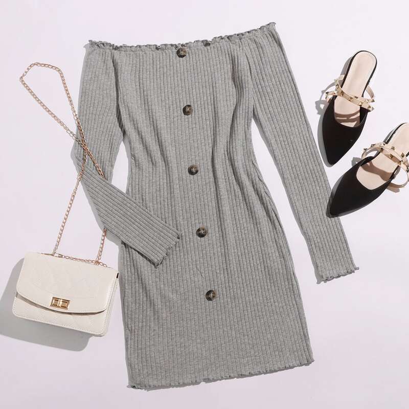 

Off Shoulder Button Front Rib-knit Bodycon Dress, Grey