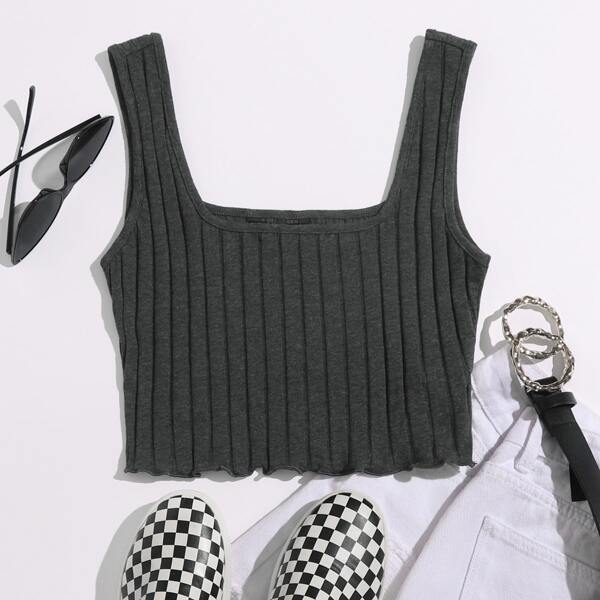 

Lettuce Hem Rib-knit Crop Tank Top, Dark grey