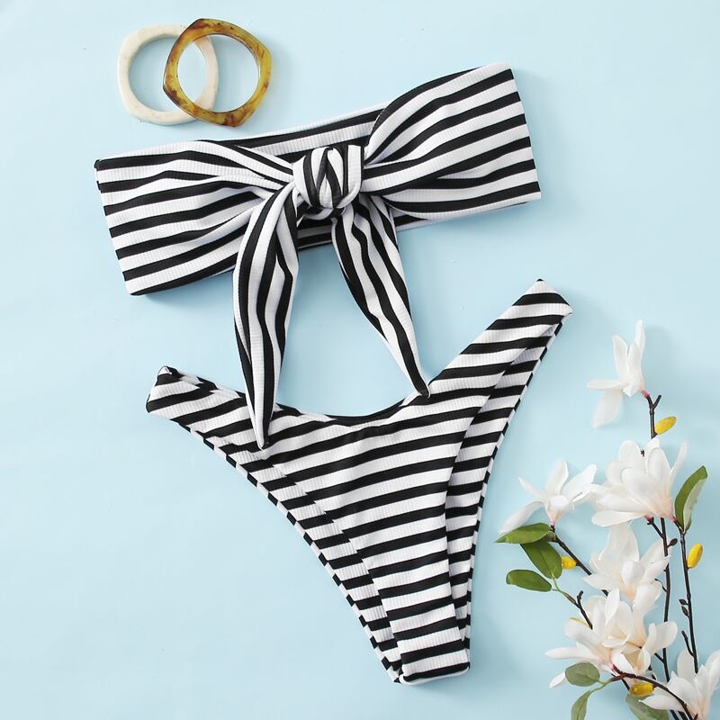 

Stripe Knot Front High Leg Bikini Swimsuit, Black and white