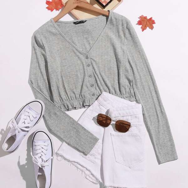 

Button Front Frill Hem Rib-knit Tee, Light grey