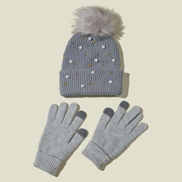 

1pc Fluffy Pom Pom Decor Beanie & 1pair Gloves, Light grey