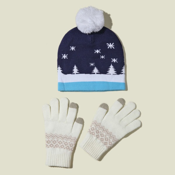 

1pc Christmas Pom Pom Decor Beanie & 1pair Gloves, Multicolor