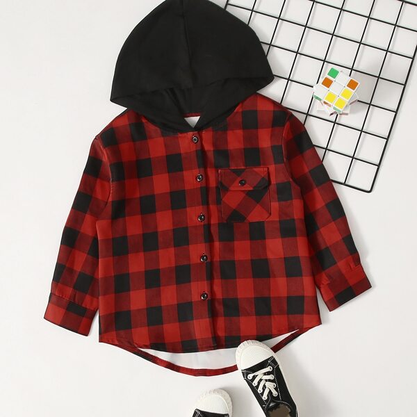 

Toddler Boys Gingham Button Through Hooded Shirt, Multicolor