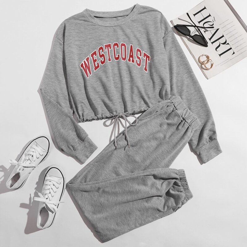 

Letter Graphic Drawstring Sweatshirt & Sweatpants Set, Grey