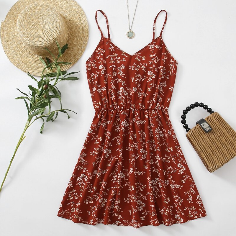 

Allover Floral Print Cami Dress, Redwood