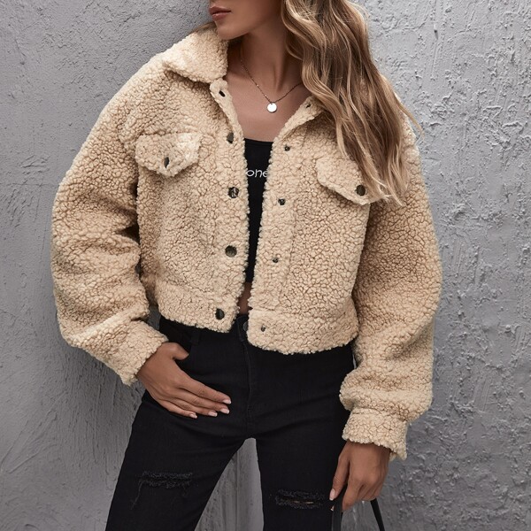 

Single Breasted Flap Detail Teddy Jacket, Beige