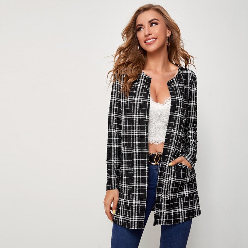 

Open Placket Pocket Front Plaid Coat, Black and white