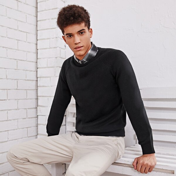 

Men Raglan Sleeve Sweater Without Shirt, Black