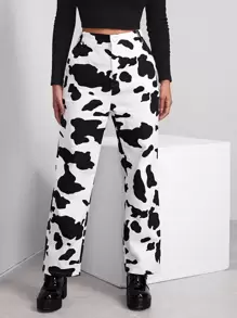 SHEIN EZwear Buttoned Front Cow Print Trousers - Black and White - View 1