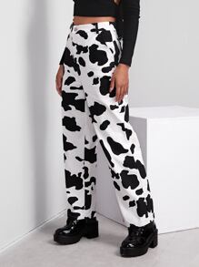 SHEIN EZwear Buttoned Front Cow Print Trousers - Black and White - View 4