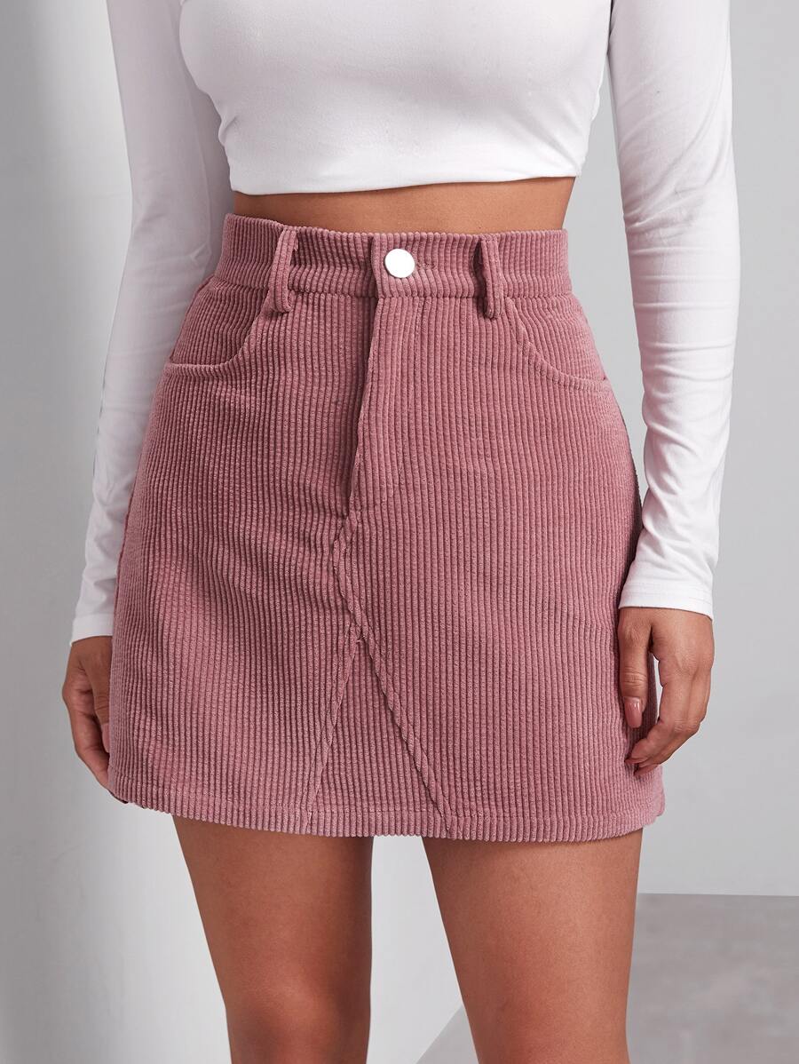 Muchica Buttoned Front Cord Skirt - Dusty Pink - View 1