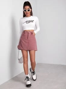 Muchica Buttoned Front Cord Skirt - Dusty Pink - View 3