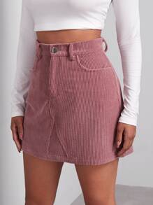 Muchica Buttoned Front Cord Skirt - Dusty Pink - View 5