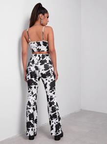 SHEIN Cut Out Cow Print Cami Top & Flare Leg Trousers Set - Black and White - View 2