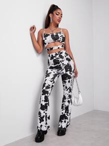 SHEIN Cut Out Cow Print Cami Top & Flare Leg Trousers Set - Black and White - View 4