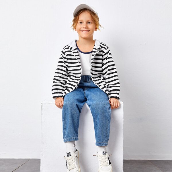 

Toddler Boys Striped Zip Up Hooded Jacket, Black and white