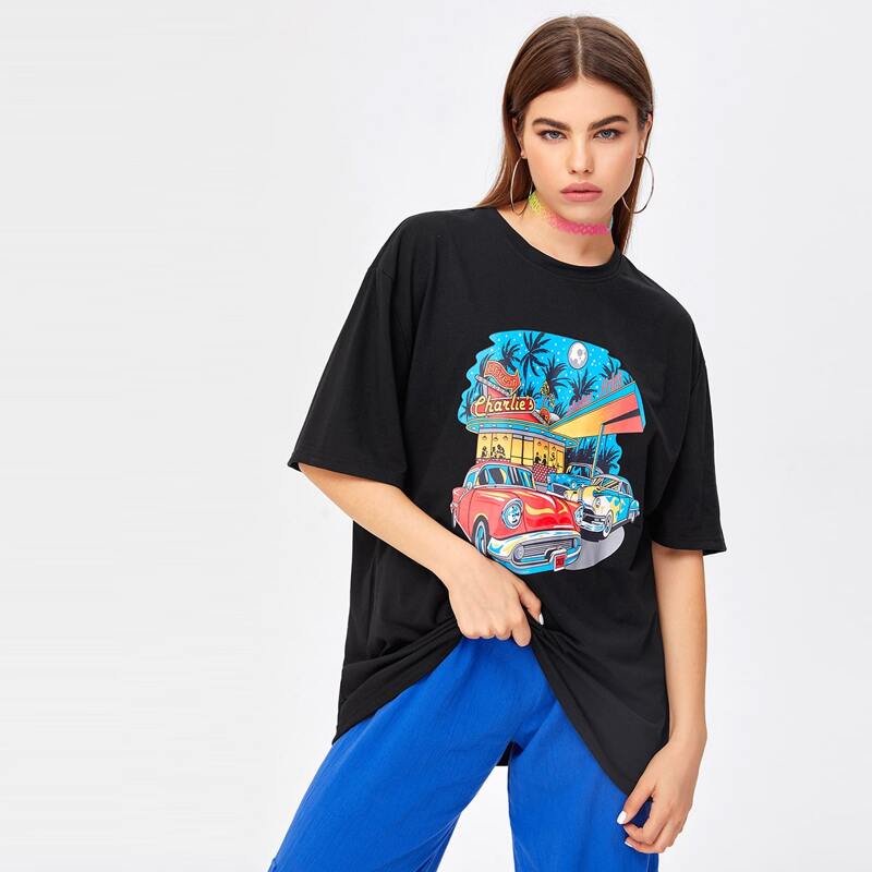 

Tropical & Car Print Oversized Tee, Black