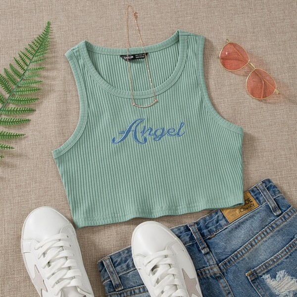 

Letter Graphic Rib-knit Crop Sweater Vest, Mint green