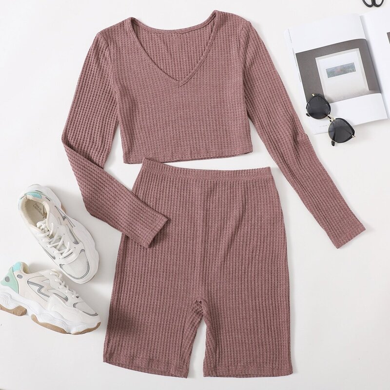 

V-neck Waffle Knit Tee and Legging Shorts Set, Redwood
