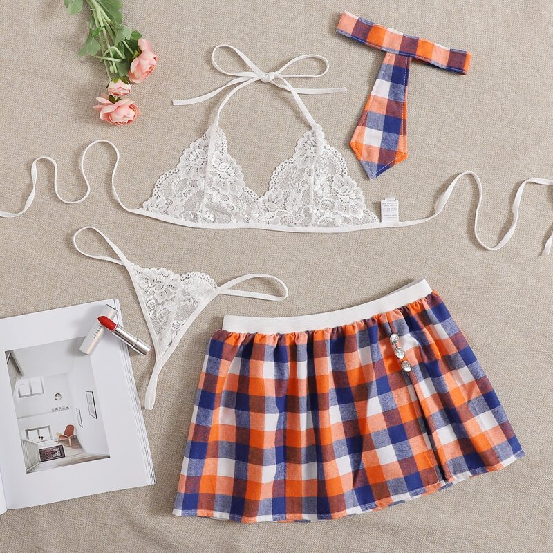 

Floral Lace Lingerie Set & Uniform Skirt & Necktie, Multicolor