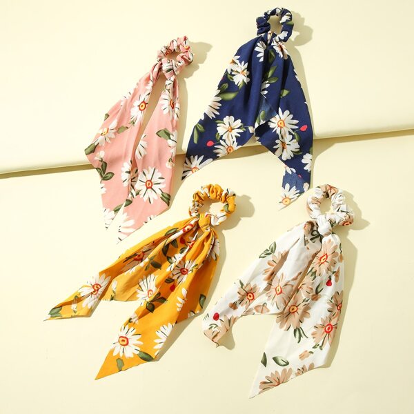 

4pcs Flower Pattern Scrunchie Scarf, Multicolor
