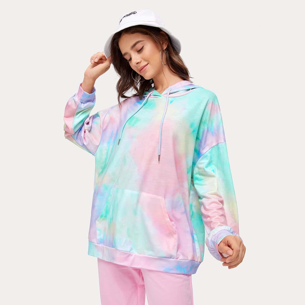 

Tie Dye Drop Shoulder Drawstring Hoodie, Multicolor