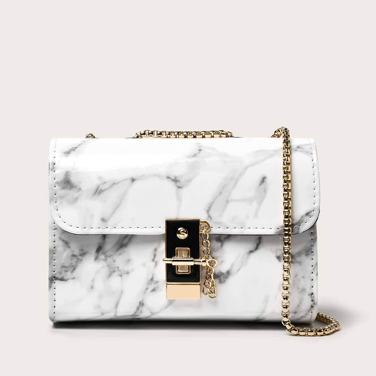 

Snap Button Marble Graphic Crossbody Bag, White