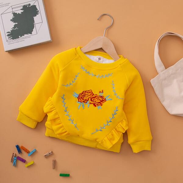 

Toddler Girls Floral Embroidery Shearling Lined Sweatshirt, Yellow