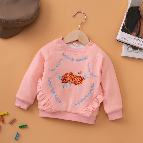 

Toddler Girls Floral Embroidery Shearling Lined Sweatshirt, Coral pink