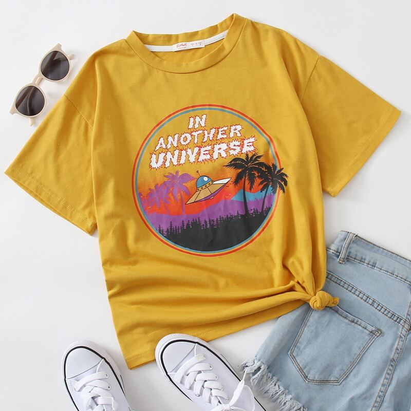 

Tropical & Letter Graphic Tee, Mustard yellow