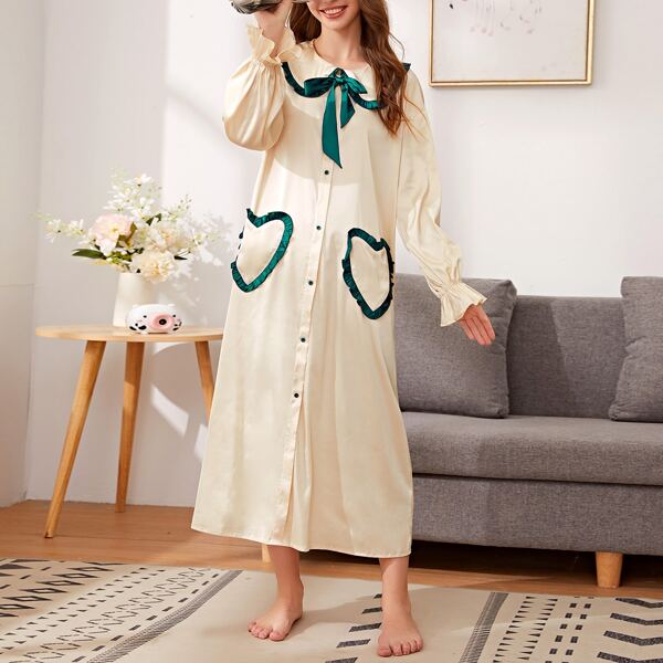 

Tie Front Frill Trim Satin Shirt Nightdress, Beige