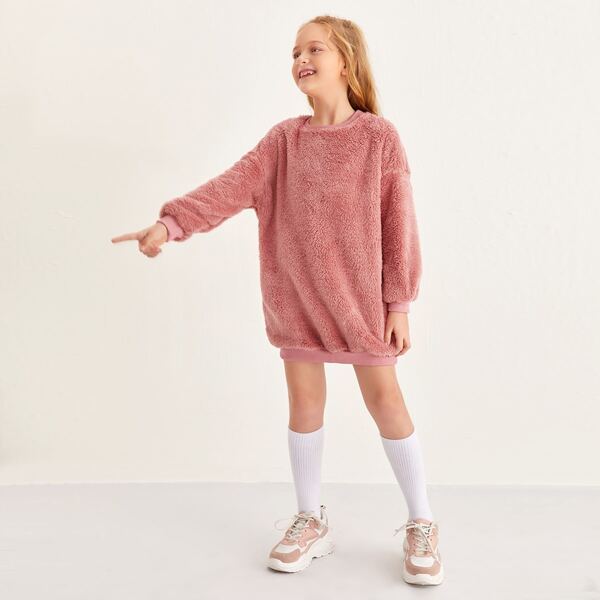 

Girls Drop Shoulder Teddy Sweatshirt Dress, Dusty pink