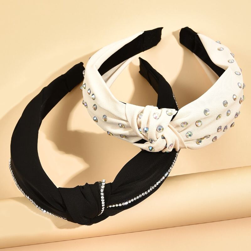 

2pcs Rhinestone Decor Knotted Hair Hoop, Black and white