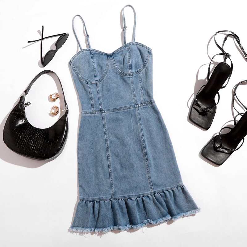

Raw Edge Ruffle Hem Denim Cami Dress, Medium wash