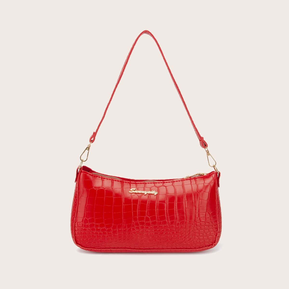 

Faux Croc Leather Baguette Bag, Red
