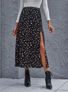 SHEIN Frenchy Ditsy Floral High-Slit Midi Skirt Black Summer Vacation Flower - Black - View 1