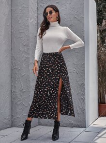 SHEIN Frenchy Ditsy Floral High-Slit Midi Skirt Black Summer Vacation Flower - Black - View 4